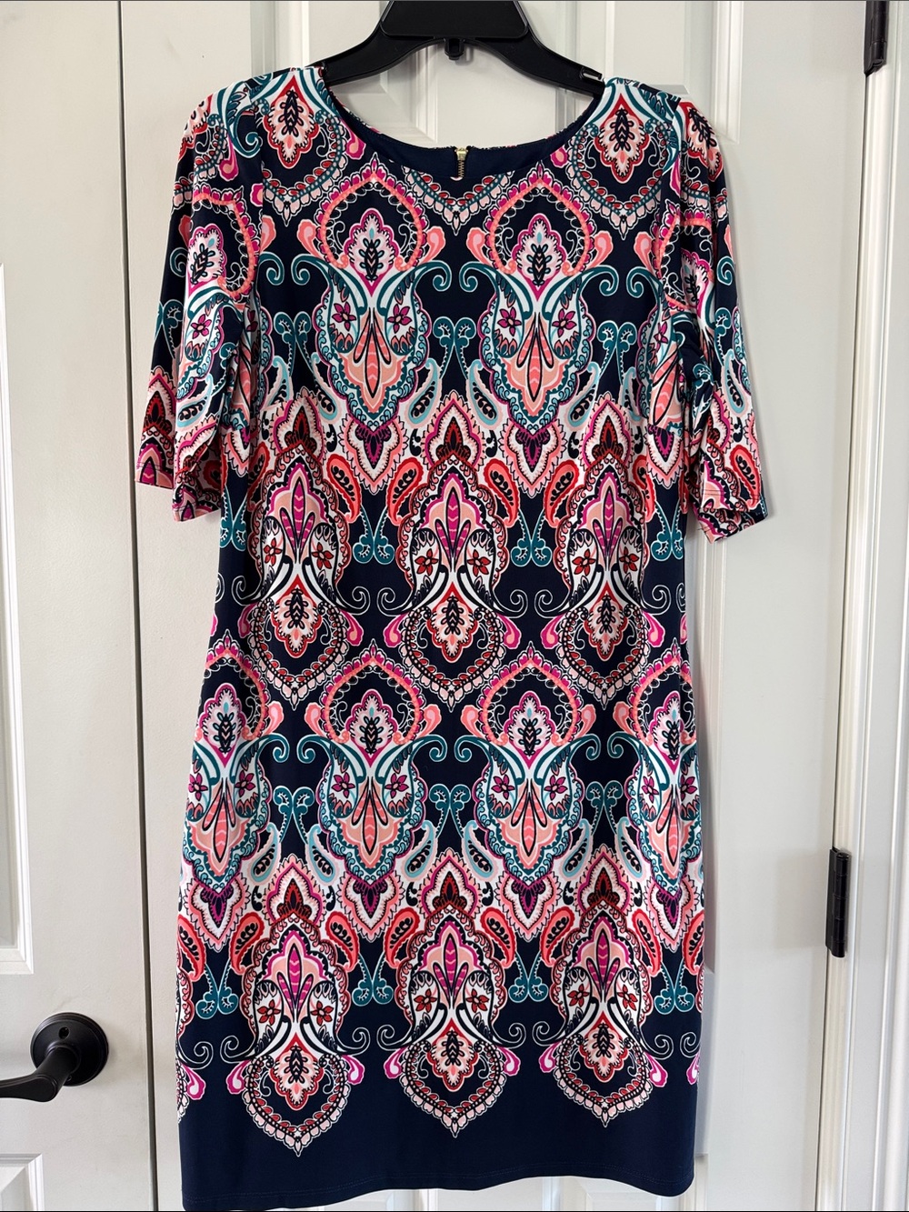 Eliza J Navy Multicolor Paisley-Print Midi Dress with Pink & Teal Accents